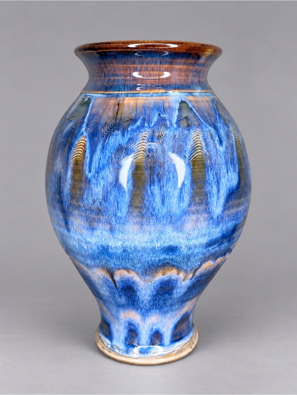 Studio Art Pottery Vase Blue Brown Reactive Drip Glaze Wheel Thrown 11”